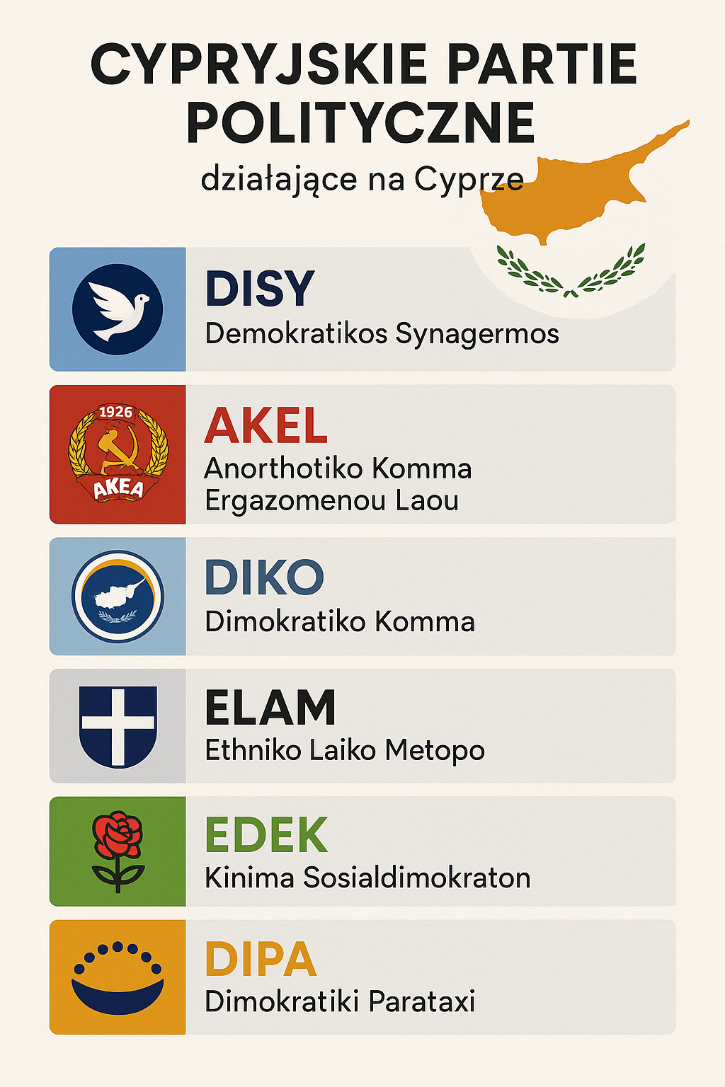 Infografika przedstawiająca sześć głównych partii politycznych działających na Cyprze, z ich logotypami, nazwami oraz skrótami, na tle mapy Cypru. Nazwa pliku: cypryjskie-partie-polityczne.png