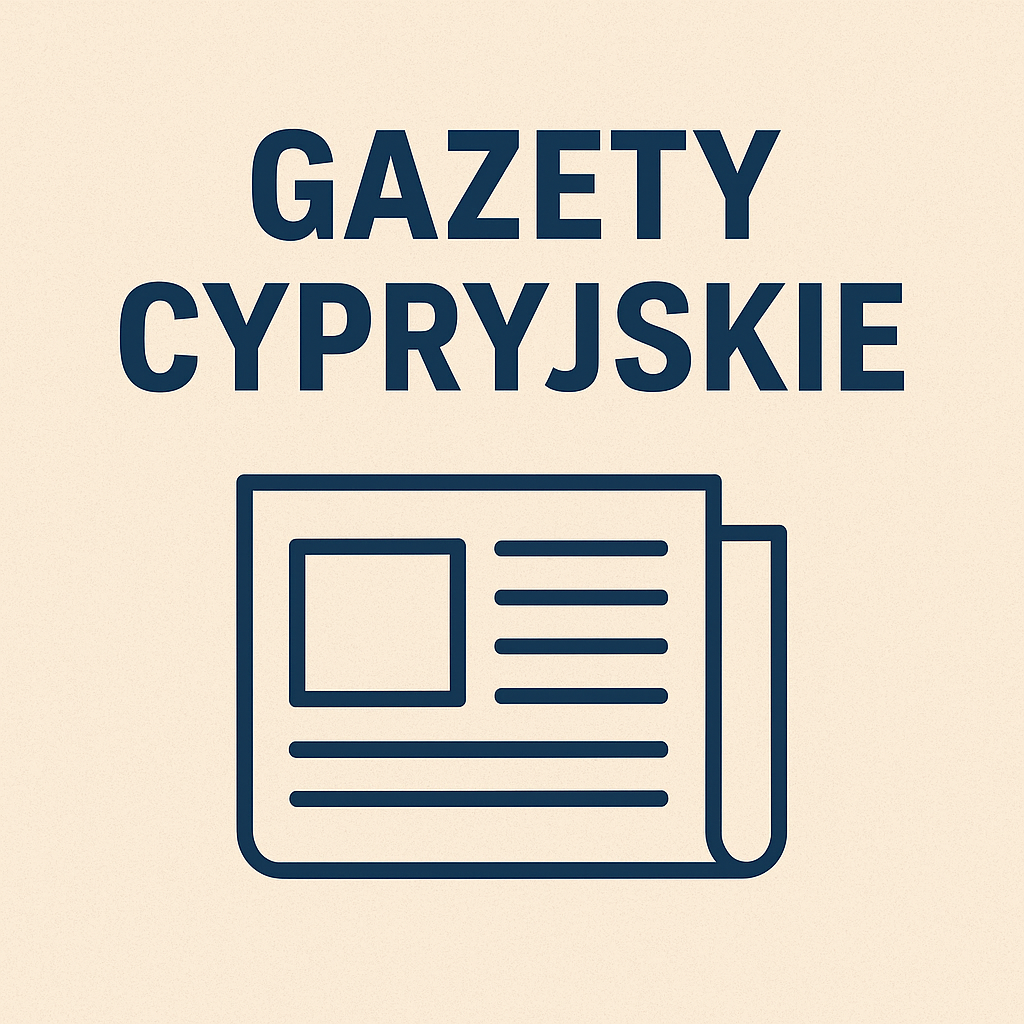 Ikona gazety z liniami tekstu i miejscem na zdjęcie pod napisem „Gazety Cypryjskie” na beżowym tle.