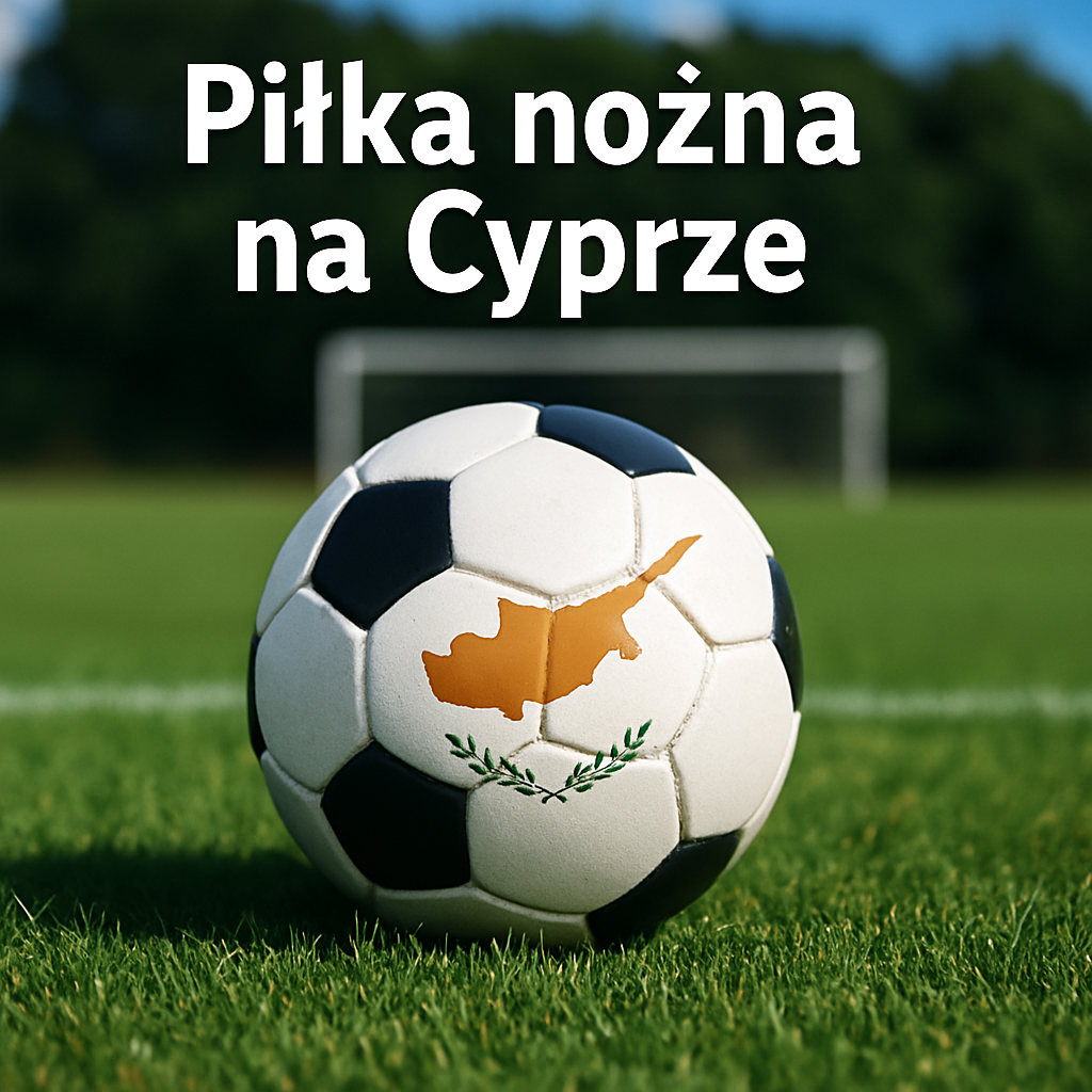 Piłka nożna z flagą Cypru na boisku trawiastym z bramką w tle i napisem „Piłka nożna na Cyprze” u góry obrazu.